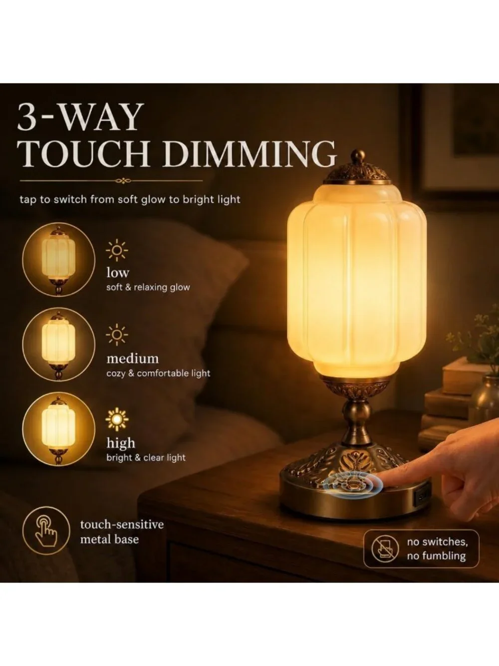 Dimmable Vintage Milk Glass Table Lamp | Retro 3-Way Lighting Fixture